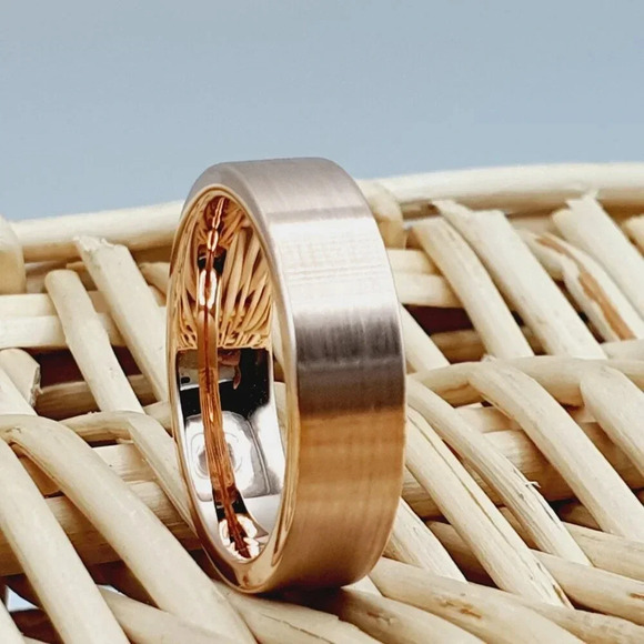 "Flat Rose Gold Tungsten Wedding Ring with Brushed Finish, GALTUN786